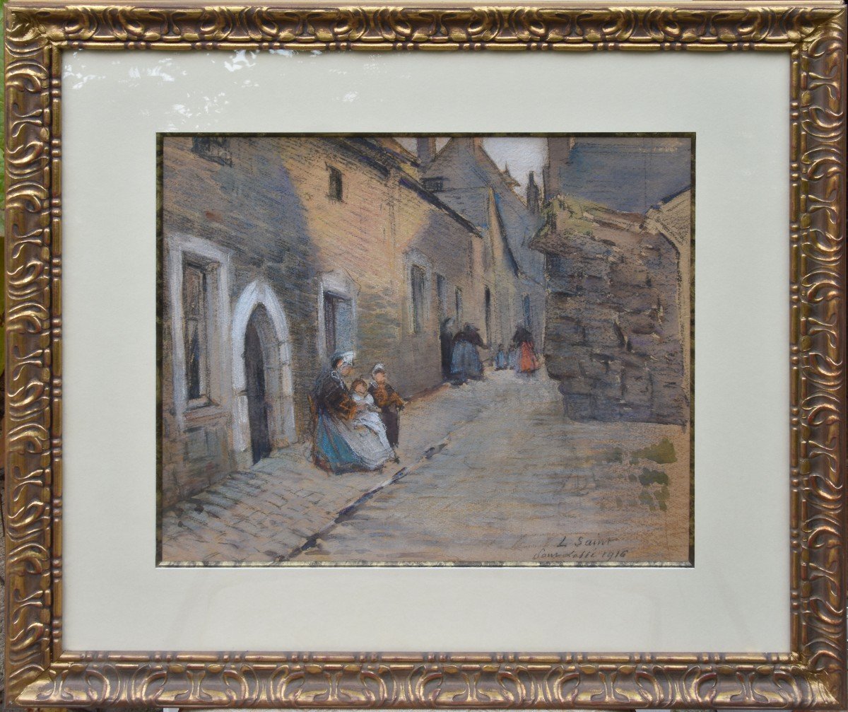 Louise Saint "rue Animée à "pont Labbé"" 1916 Pastel 34x38